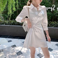 internet celebrity customized han shu irregular white dress new womens simple pleat and waisted satin surface shirt skirt