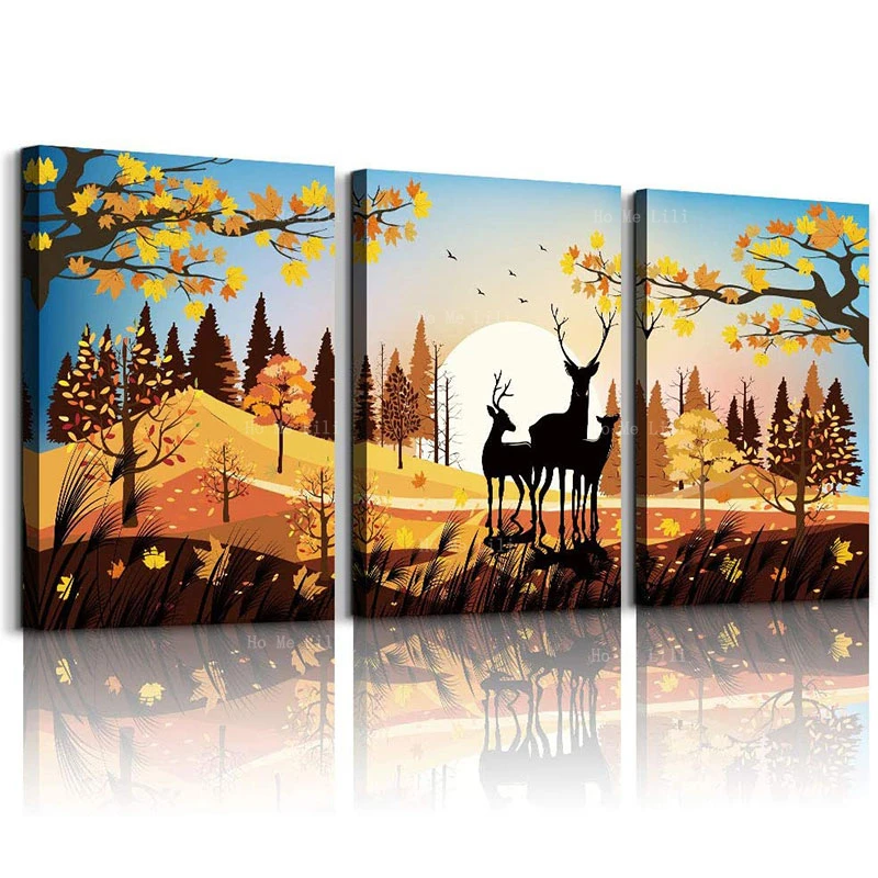 

Yellow Forest Deer Modern Tree Abstract Landscape Blue Starry Sky Paintings Wolf Canvas Wall Art For Living Room Decor