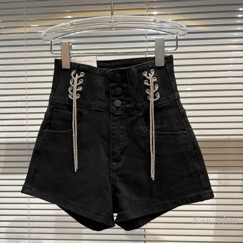 

Hight Waist Shorts for Women 2022 Spring Summer New Classic Style Light Diamond Lace-up Rope Denim Short Femme Black White Blue
