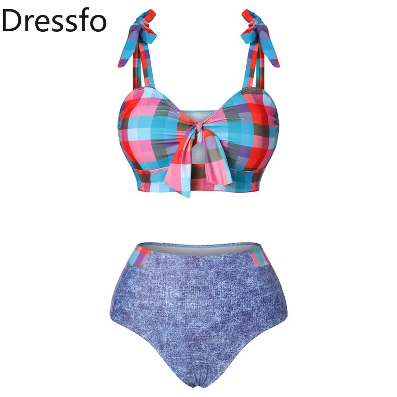 

Dressfo Plaid Checkered Bowknot Denim Print Padded High Waist Shorts Tankini Set Swimwear Bikini Set Beachwear Swimsuit Women