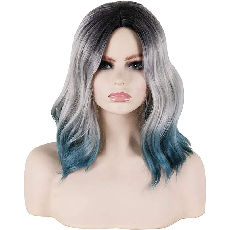 

SURI HAIR 16 Inches Women Girls Blue Ombre Wig With Dark Roots 3 Tones Short Wavy Wigs Synthetic Heat Resistant Fibre Wigs Party