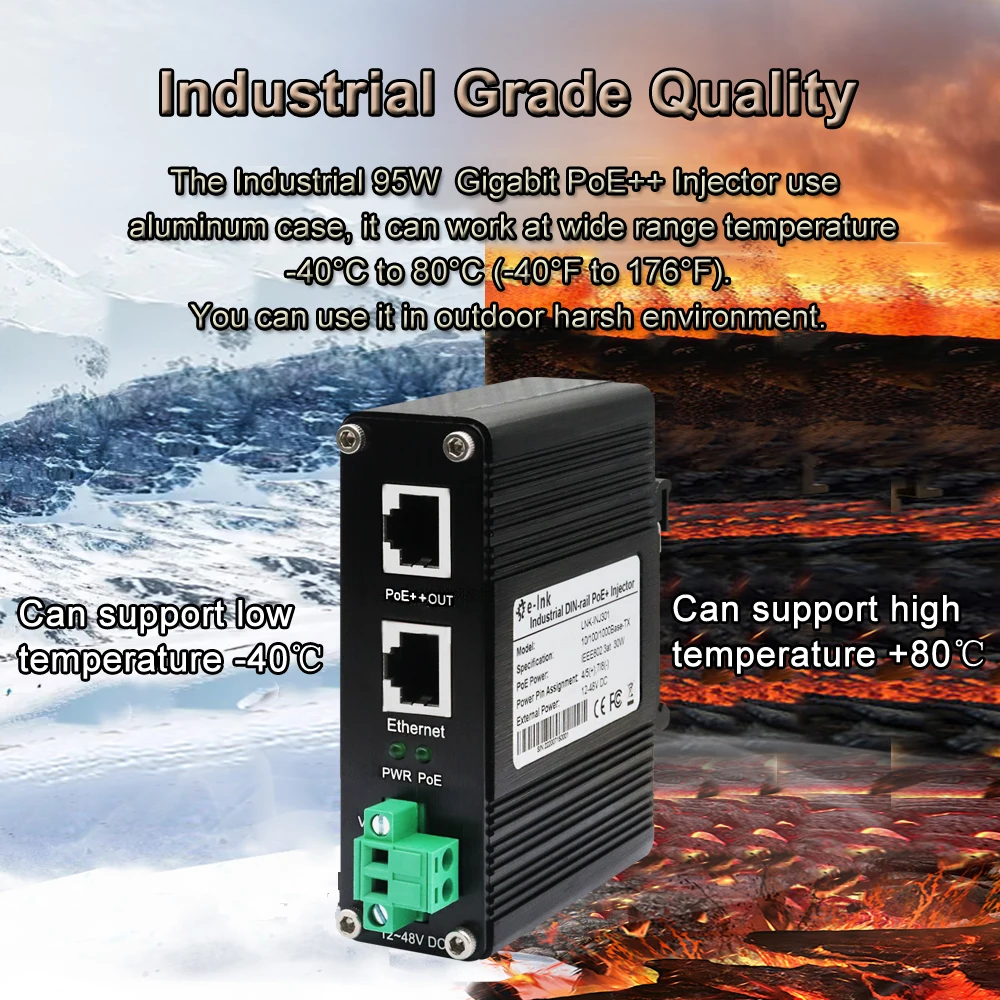 Индустриальный инжектор Gigabit PoE 95 Вт Din Rail 12~48VDC 2 порта POE Power Ethernet адаптер IEEE802.3af/at/bt IP40 on.