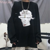 oversized long sleeved t shirt men and women couple sweater harajuku style retro sculpture printed loose top bottoming shirt