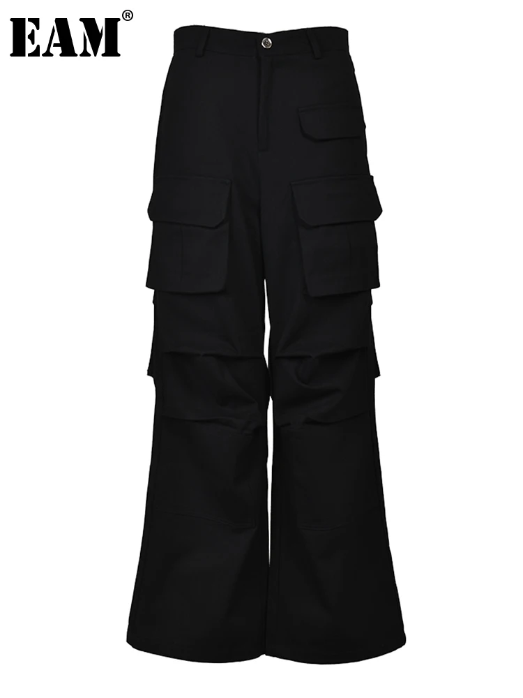 

[EAM] High Waist Black Pockets Pleated Long Wide Leg Pants New Loose Fit Trousers Women Fashion Tide Spring Autumn 2023 1DF9172