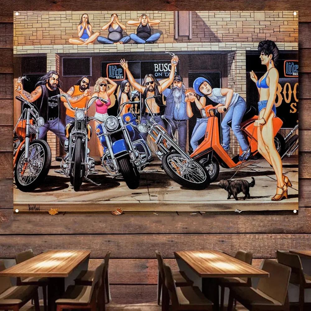 Сексуальная детская картина на мотоцикле для гаража винтажный декор баннер