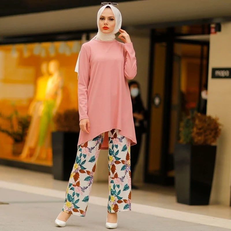 Muslim Suit Ramadan Two Piece Set For Women Top And Pants Matching Modest Turkey Dubai Arab Sets Hijab Double Islamic Clothing