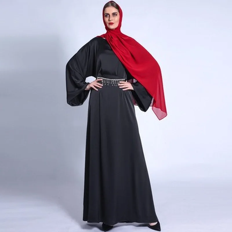 2022 Ramadan Matte Solid Color Loose Dress Fringed Diamond Belt Long Skirt Muslim Women Clothes With Bocket Autumn New