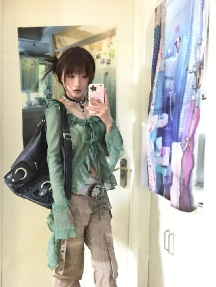 Элегантный винтажный зеленый кардиган с оборками на шнуровке Новые облегающие