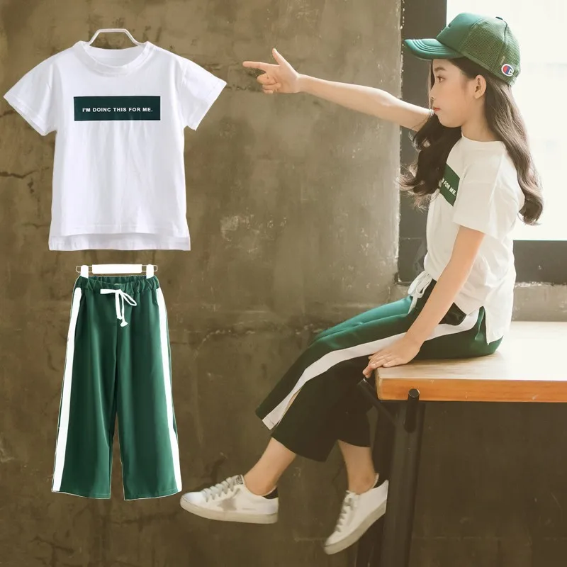 

Летний костюм для девочек, футболка с коротким рукавом и брюки с широкими штанинами