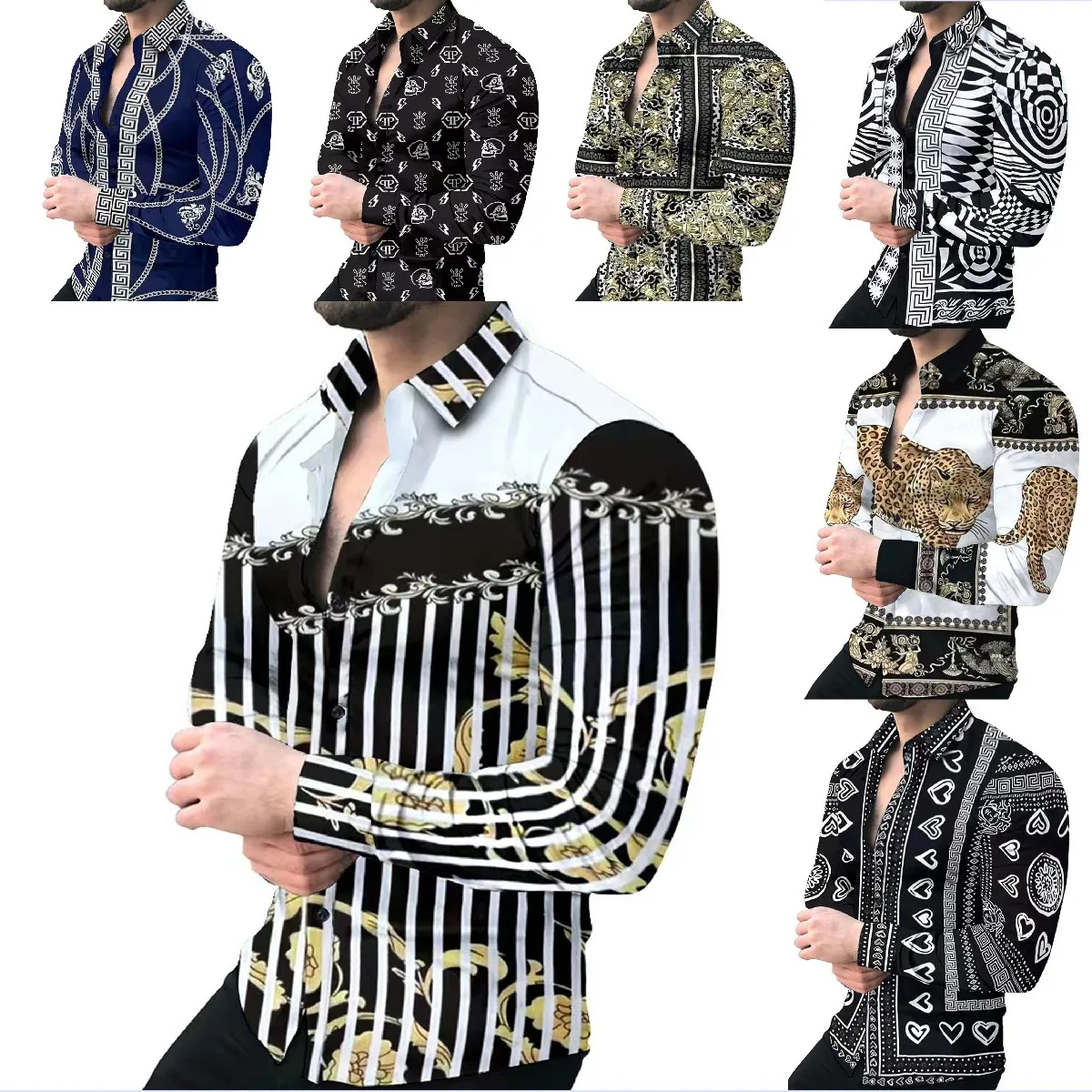 

spring and summer new men's Long sleeve casual printed shirt social ball luxury classic fashion men's clothing S-3XL