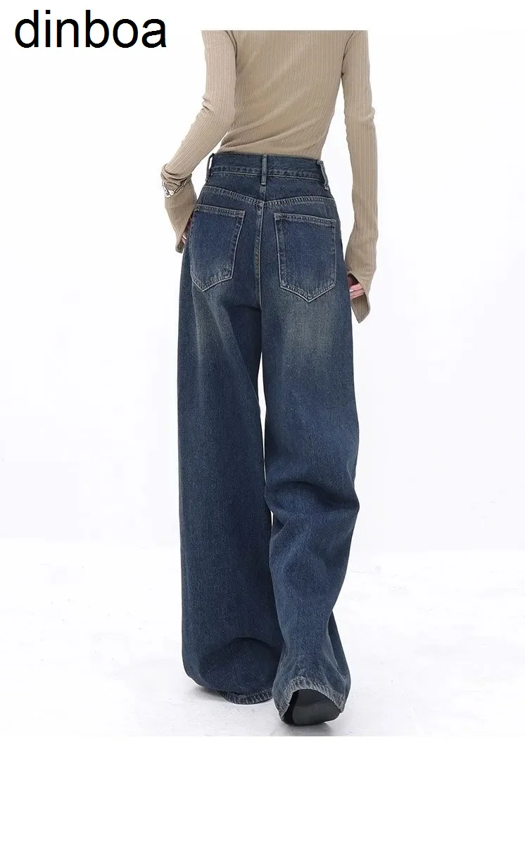 

Dinboa-американские винтажные джинсовые брюки большого размера с высокой талией для женщин, повседневные мешковатые Широкие штаны y2k, уличная одежда, синие джинсовые брюки