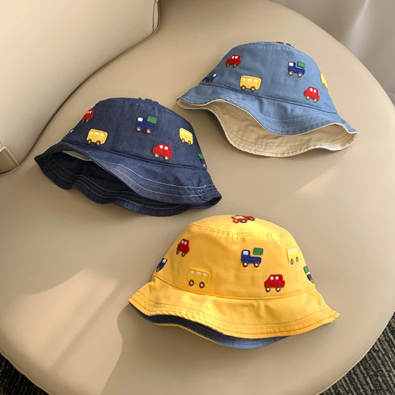 

Car Embroidered Kid Cotton Bucket Hats Boy Girl Summer Sunshade Outdoor Sun Panama Children Travel Sun Production Fisherman Caps