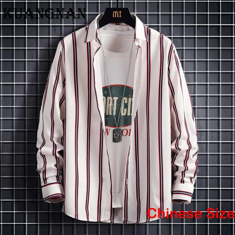 

KUANGNAN Striped Men's Shirt & Blouse Long Sleeve Shirts Man Luxury Clothing Sale Korean Style Clothes for Summer Tops Black 4XL