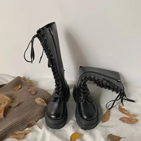 women thick platform knee high boots autumn boot black lace up medium creepers shoes fashion punk riding boots zipper round toe