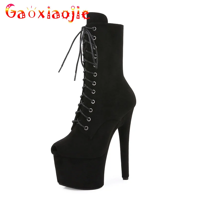 

New Peep Toe Super High Heels Black Flock Lace Up Low Tube Ankle Boots Women Platform Pole Dancing Shoes Sexy Fetish Stripper