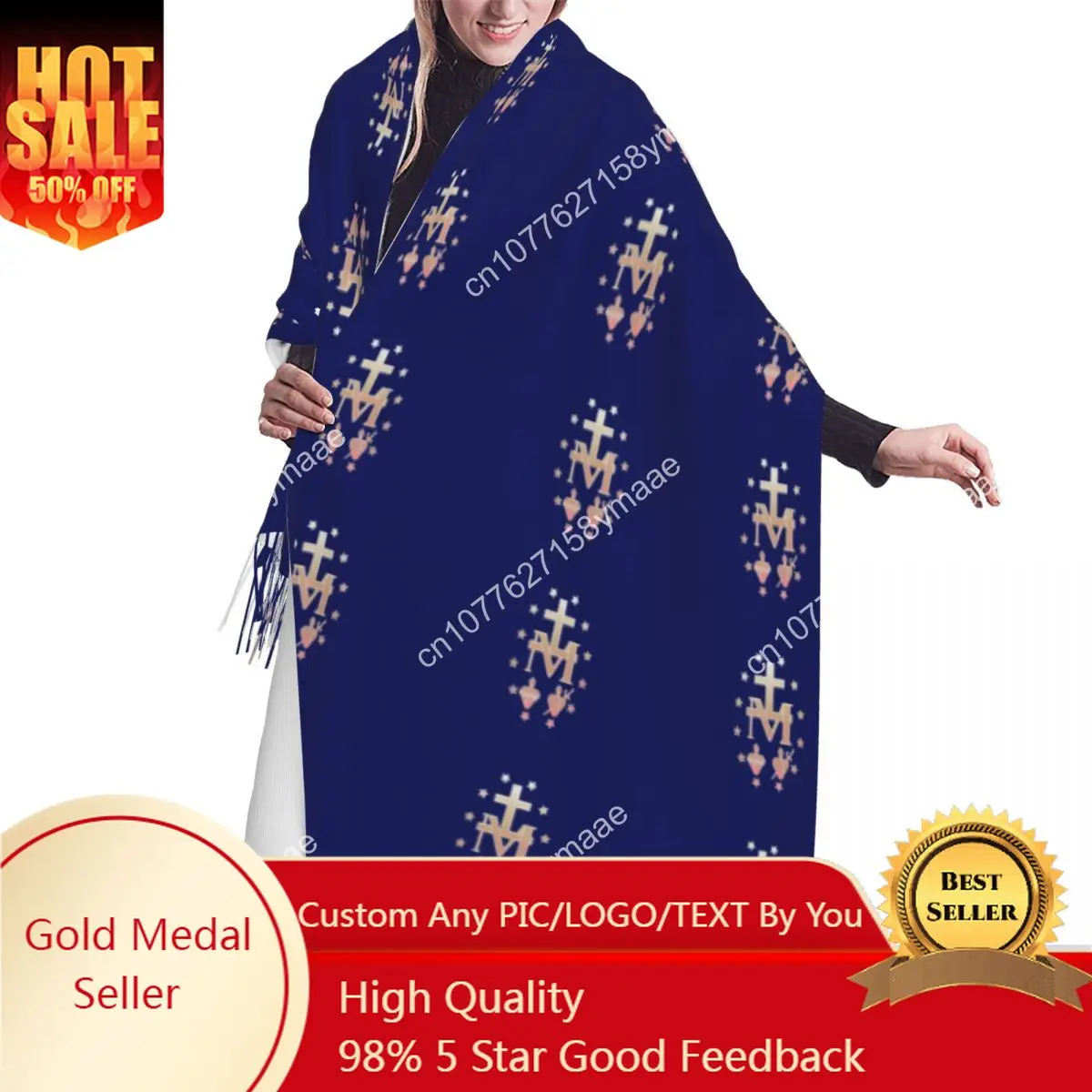 

Custom Miraculous Medal Scarf Wrap for Women Long Winter Warm Tassel Shawl Unisex Medal of Our Lady of Grace Versatile Scarves