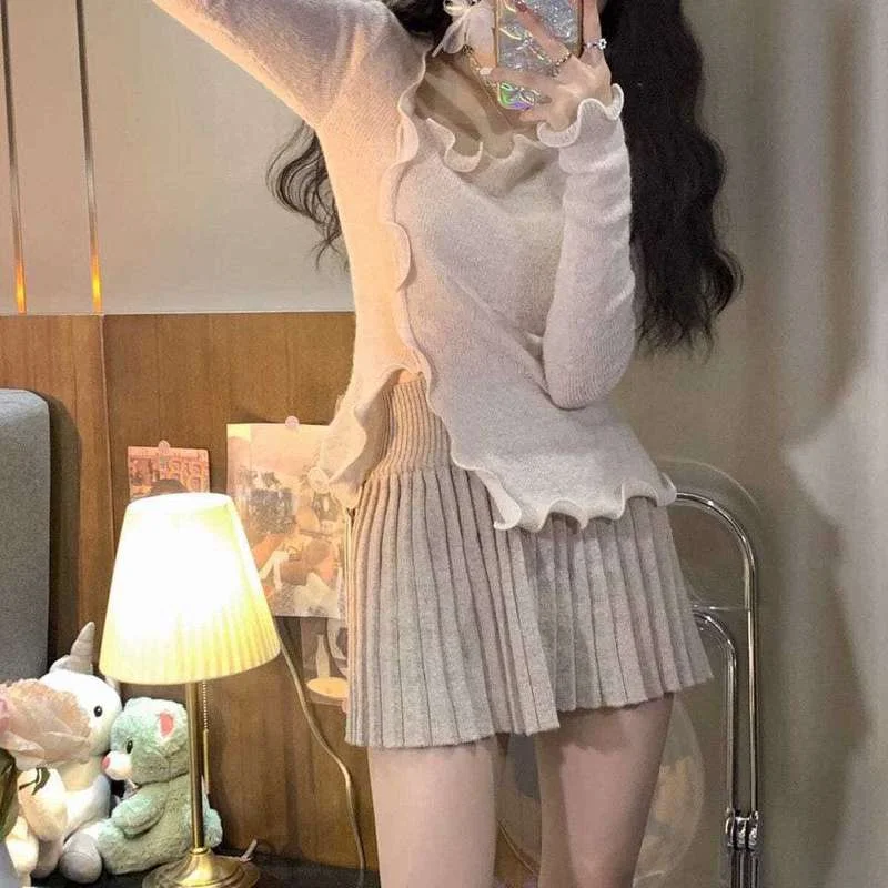 

Winter Women's O-Neck Ruched Irregular Sweater 2022 Women Apricot Long Sleeve Splicing Knitting Pullover Korean Casual Jumper