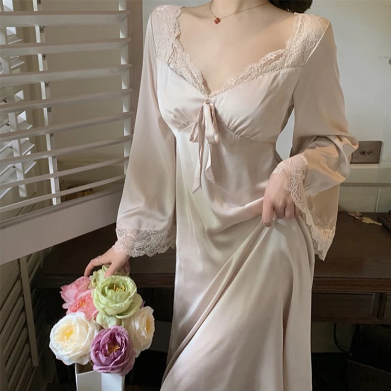 Women's Elegant Nightgown French Style Lace Ladies Summer Long Sleeve Night Dress Solid Bow Sexy Homewear Nightdress For Female