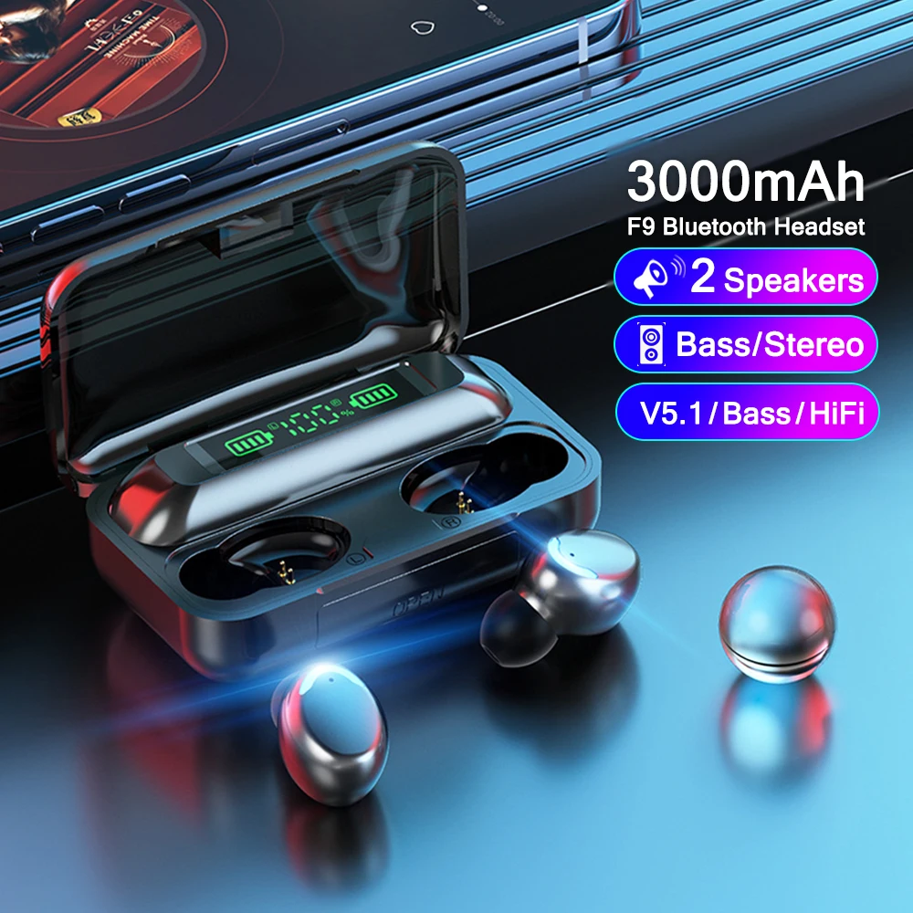 

TWS-стереонаушники F9 с поддержкой Bluetooth и зарядным футляром на 3000 мА · ч
