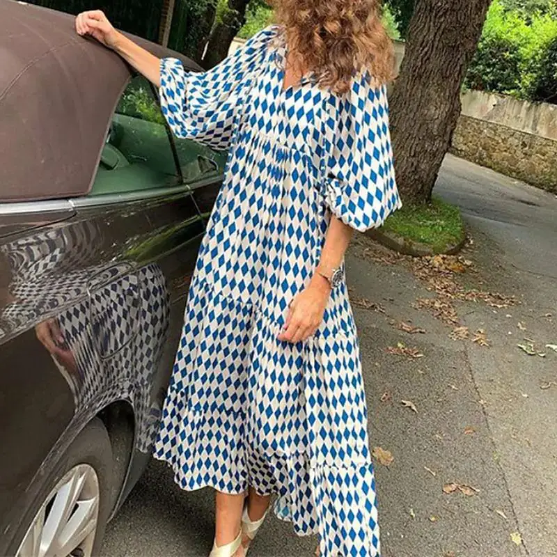

2022 Bohemian Summer Dress Women Elegant Lantern Sleeve V Neck Loose Floral Print Beach Party Maxi Long Dresses Vacation Vestido
