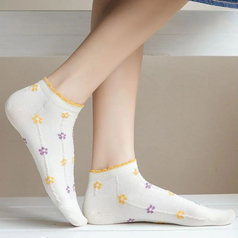 5pair /Lot Cute Flowers Ankle Socks Women No Show Low Cut Thin Breathable Spring Autumn Cartoon Casual Boat Sock Polyester