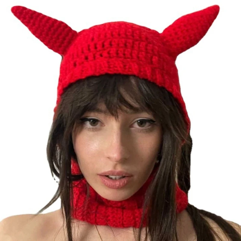 

Women Men Red Knitting Hat Cartoon Cute Party Stage Hat New Style Halloween Hat Horn Shape Knitting Hat with Neckerchief