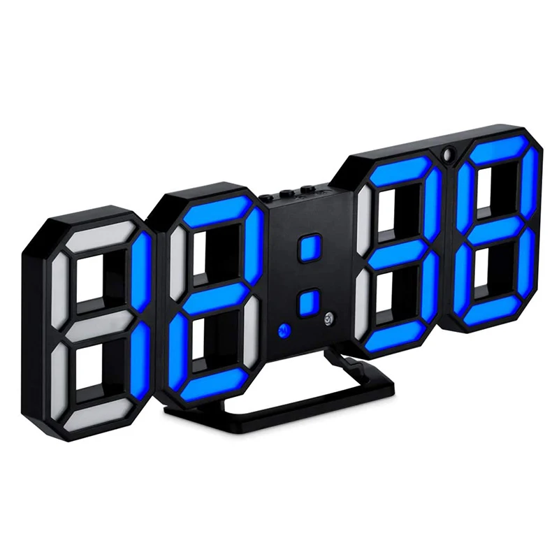 

3D Digital Clock,Wall LED Number Time Alarm Clock ,Led Electronic Clock with Snooze Function, Clock Date,Black-Blue