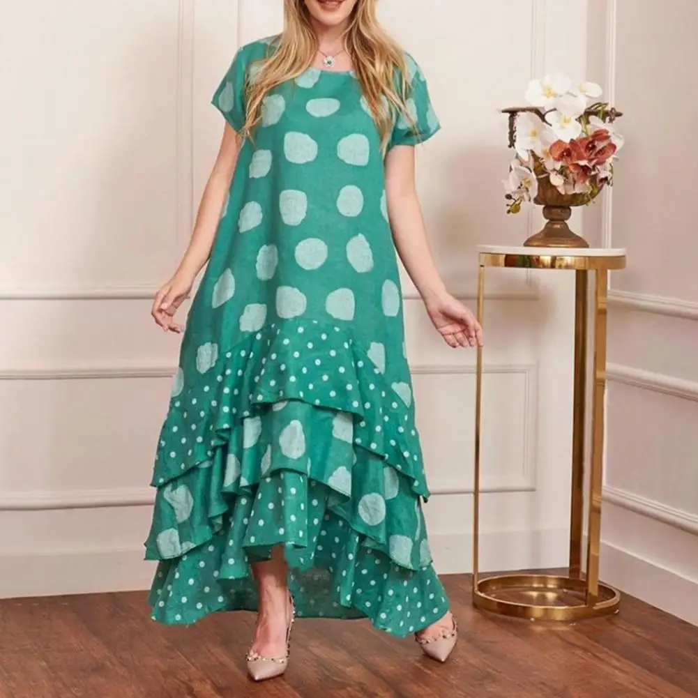 

Dot Print Loose Hem Contrast Color Women Dress Short Sleeves Ruffle Multi Layers Dating Dress Elegant Ankle Length Beach Dress
