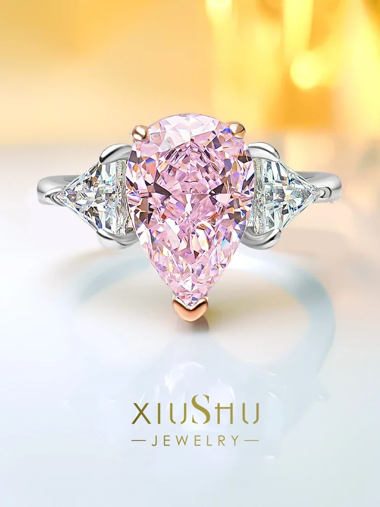 

Desire 925 Sterling Silver Droplets Artificial Pink Diamond Ring Inlaid with High Carbon Diamonds, Elegant and Versatile Design