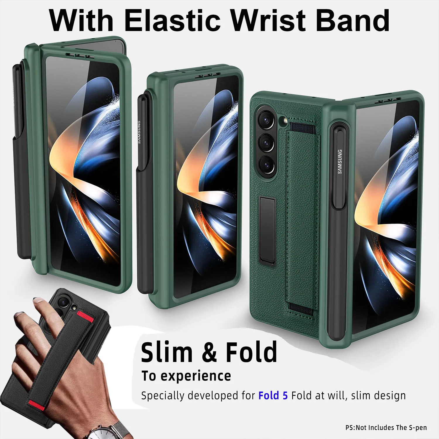 

With Elastic Wrist Band For Samsung Galaxy Z Fold 5 Case Hinge Leather Fold 4 3 S Pen Holder Kickstand Full Protection Cover