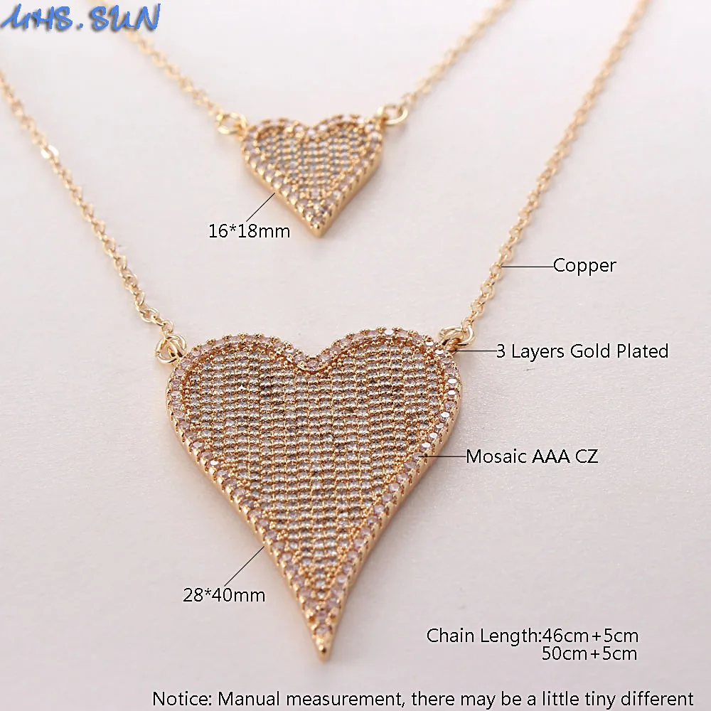 SUNSLL Gold Color Copper CZ Zircon Delicate Bilayer Heart Pendant Link Chain Necklace Fashion Jewelry For Women Party Gift