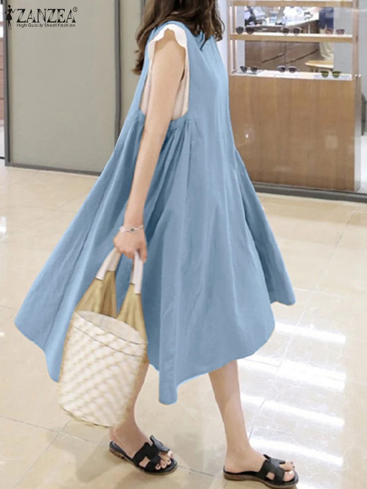 

ZANZEA Sleeveless Colorblock Robe Oversize Women Sundress Solid Fashion Long Dresses V-neck Loose Ruffles 2023 Summer Midi Dress