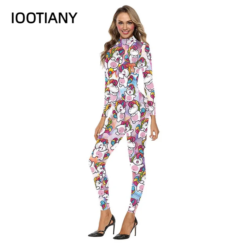 IOOTIANY Female Rainbow Unicorn Print Sexy Bodysuits Women  Back Zipper Party Slim Jumpsuits New Skinny Long Rompers