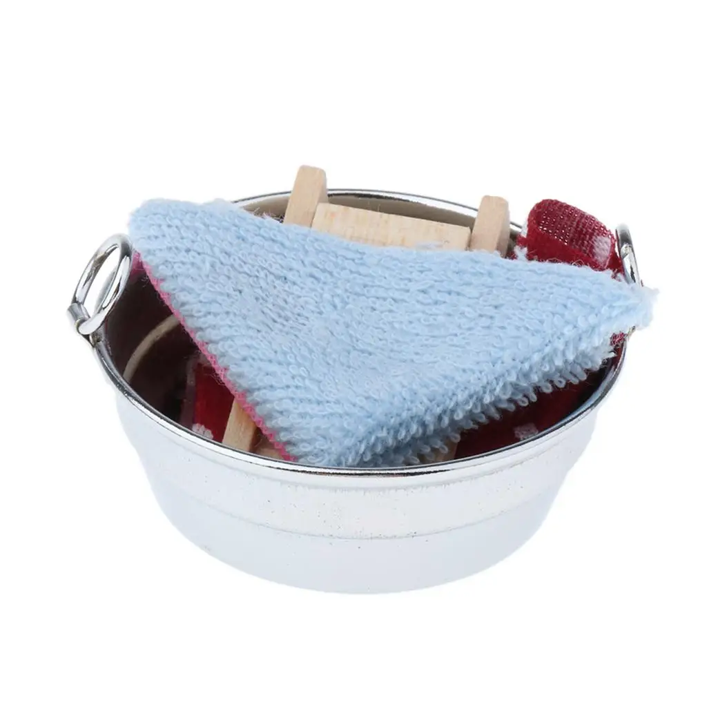 

1/12 Iron Washtub Washing Board Clothes for Dollhouse Miniature Laundry Room