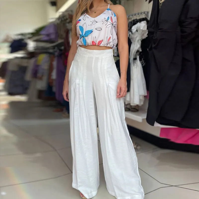 

Женский костюм с принтом, топ на тонких бретельках без рукавов и брюки-клеш с высокой талией, повседневный костюм из двух предметов, MA16, лето 2023