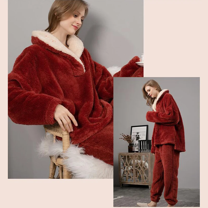 New Winter Coral Fleece Pajama Sets Tops +Pants Red Small Lapel Long Sleeve Flannel Sleepwear Women Thicken Warm Housewear