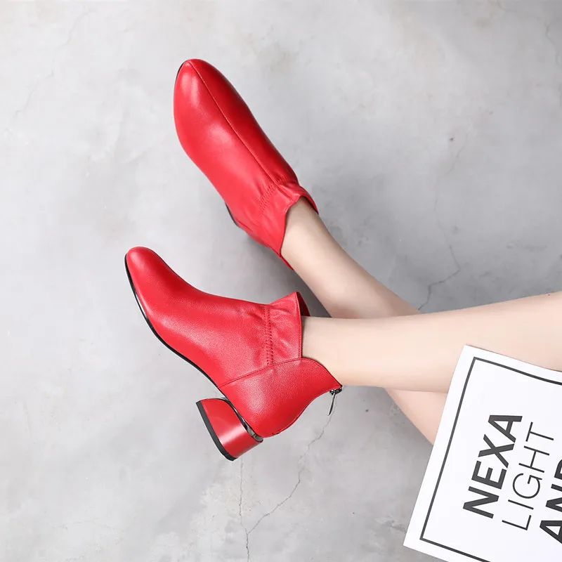 Модные ботильоны из натуральной кожи женские на толстом каблуке и молнии с