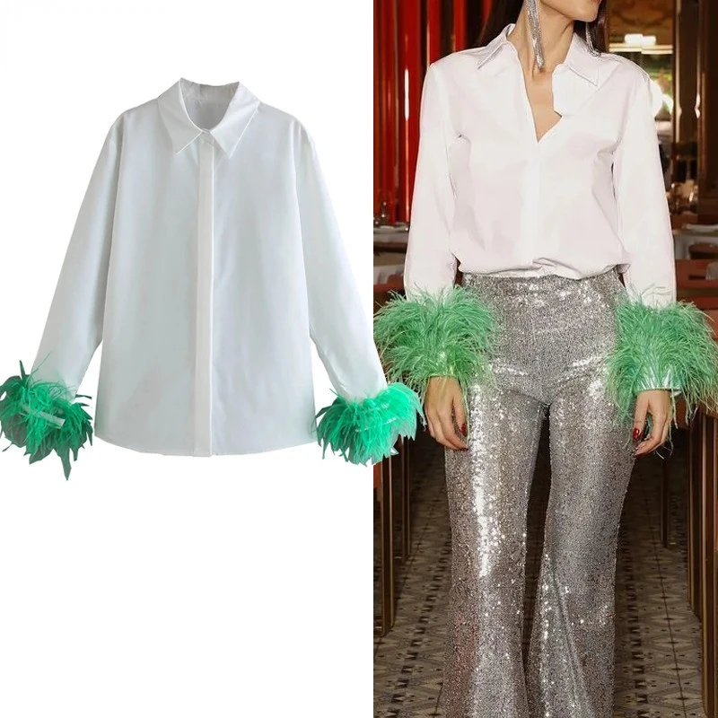 

TRAF White Shirt Woman Long Sleeve Green Feather Top Party Elegant Female Blouses Fashion Collared Button Up Women Shirt