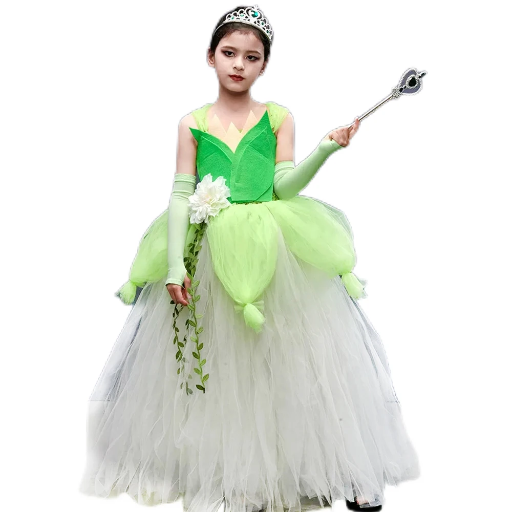 

Halloween Tiana Fancy Dress Up Kids Sleeveless Floral Princess and The Frog Princess Costume Girl Children Cosplay Party Dress