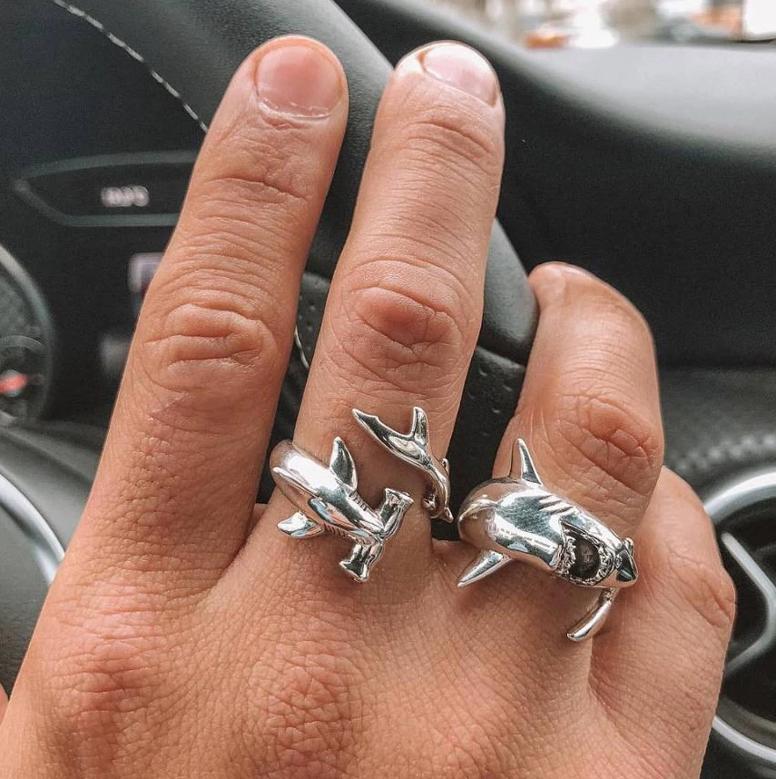 

Комплект колец в стиле панк-рок для мужчин и женщин, винтажные модные кольца в минималистическом стиле с регулируемым размером в виде животных, рыб-акул, хип-хоп, бижутерия на палец