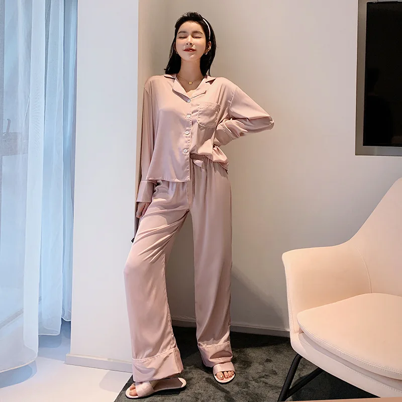 Women's Silk Pajamas Solid Single Breasted Lapel Long Sleeve Top Loose Trousers Lounge Wear Fashion Women Pajama 3-piece Sets