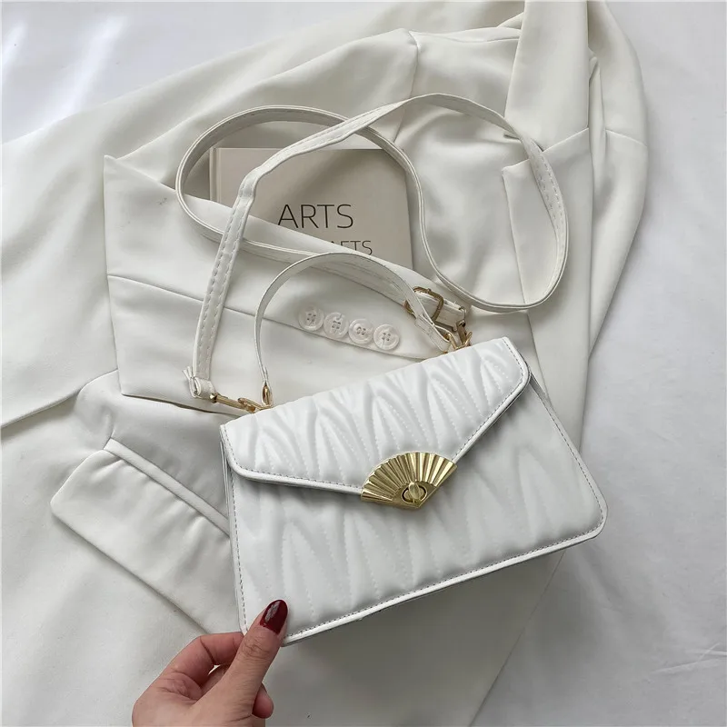 

Women Cross-Body Bag Retro Style Ruched Exquisite Metal Fan Buckle Satchel Bags Ladies Adjustable New Fashion Handbags