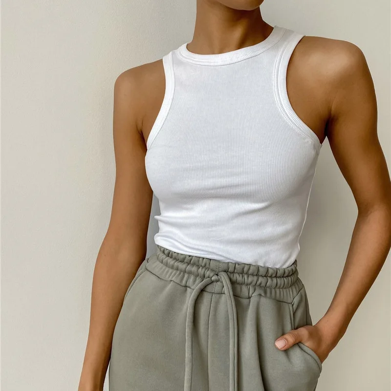 

White Ribbed Crop Tank Top 2022 Summer Women Casual Round Neck Sleeveless Blue Knitted Vest Woman Sexy Slim Bustier Cropped Tops