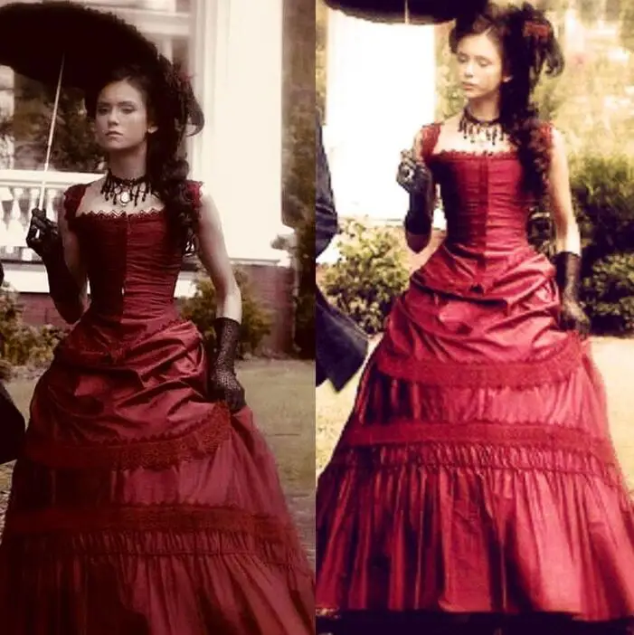 

Nina Dobrev in Vampire Diaries Prom Dresses Burgundy Medieval Civil War Gothic Victorian Lace-up Corset Steampunk Evening Gown