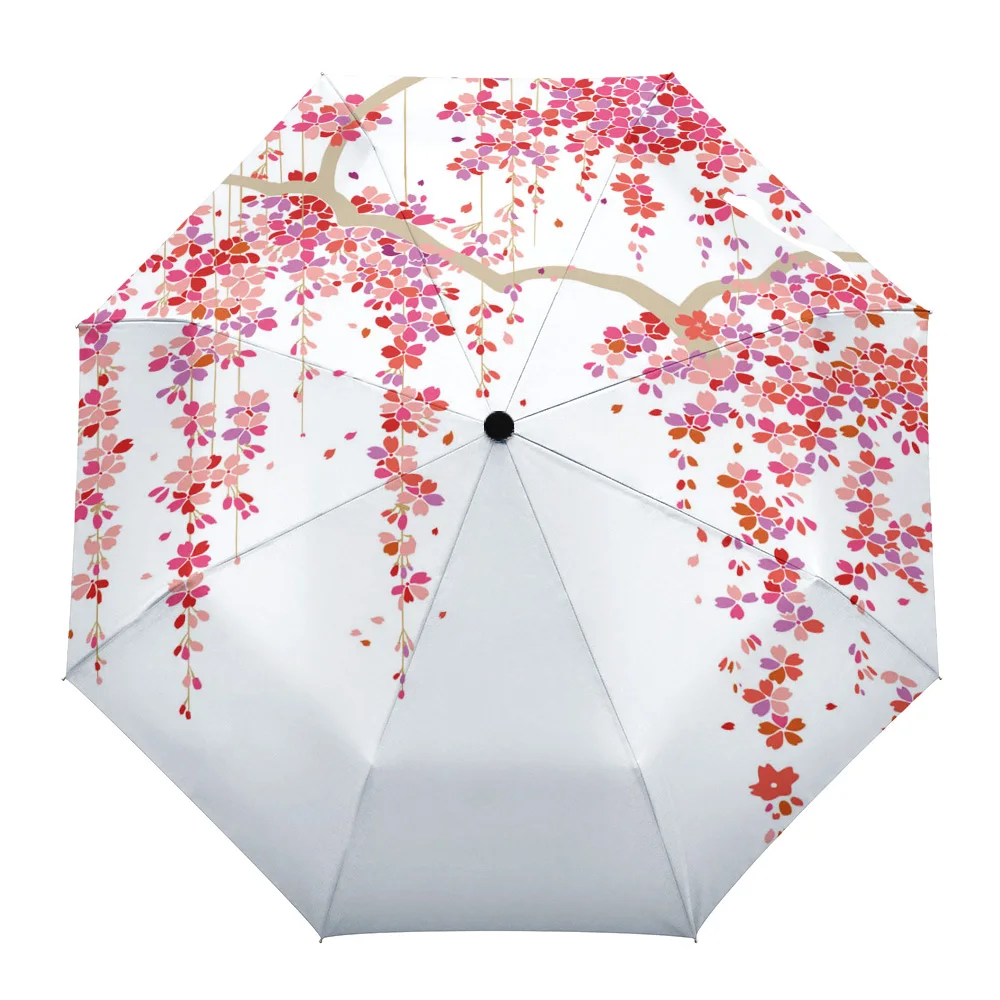 

Red Flowers Leaves Branch Plant Creative Umbrella Rain Women Automatic Three Folding Umbrellas Windproof Parasol Parapluie