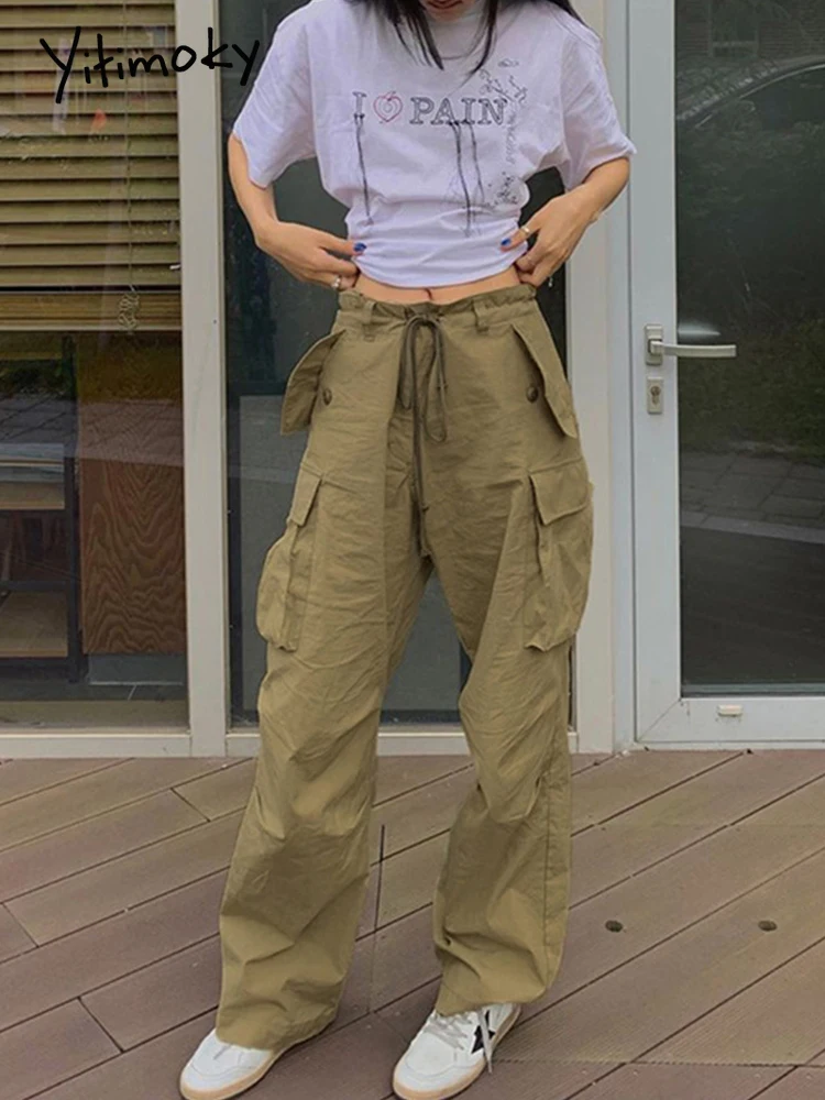 

Yitimoky Khaki Baggy Big Pockets Jeans Y2K High Waist Wide Leg Cargo Trouser Women Casual Loose Denim Pants Bottoms Streetwear