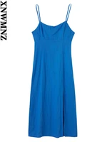 xnwmnz 2022 summer women fashion sling linen blended dress holiday style front slit back elastic female chic midi dress