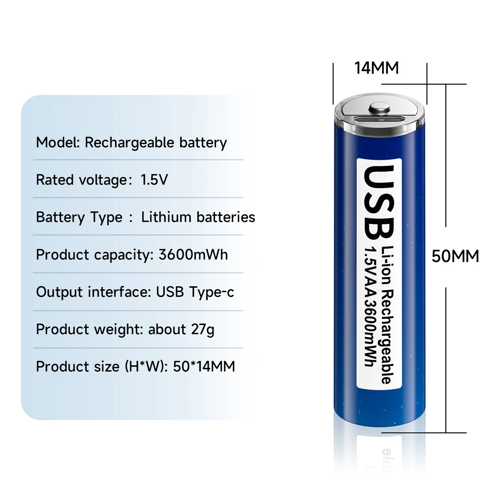 Фото Аккумуляторы Li-ion 1.5V AA/AAA USB, перезаряжаемые, 3600мВтч/1110мВтч, для игрушек, часов, MP3-плееров, термометров + кабель TYPE-C №3