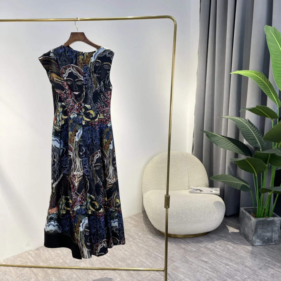 

Special Design 2022 New Summer Ladies Elegant Top Quality Silk Plants and Cartoon Art Print Asymmetric Style Dresses