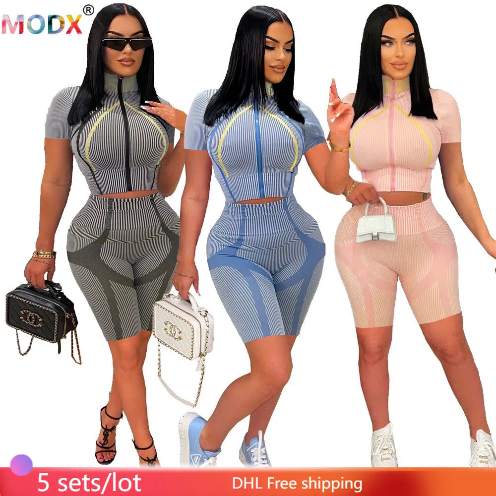 

5 Sets Wholesale Striped Print 2 Piece Set Zipper Stand Collar Tops + Shorts Tracksuit Female Slim Stretch Biker Outfit 9651